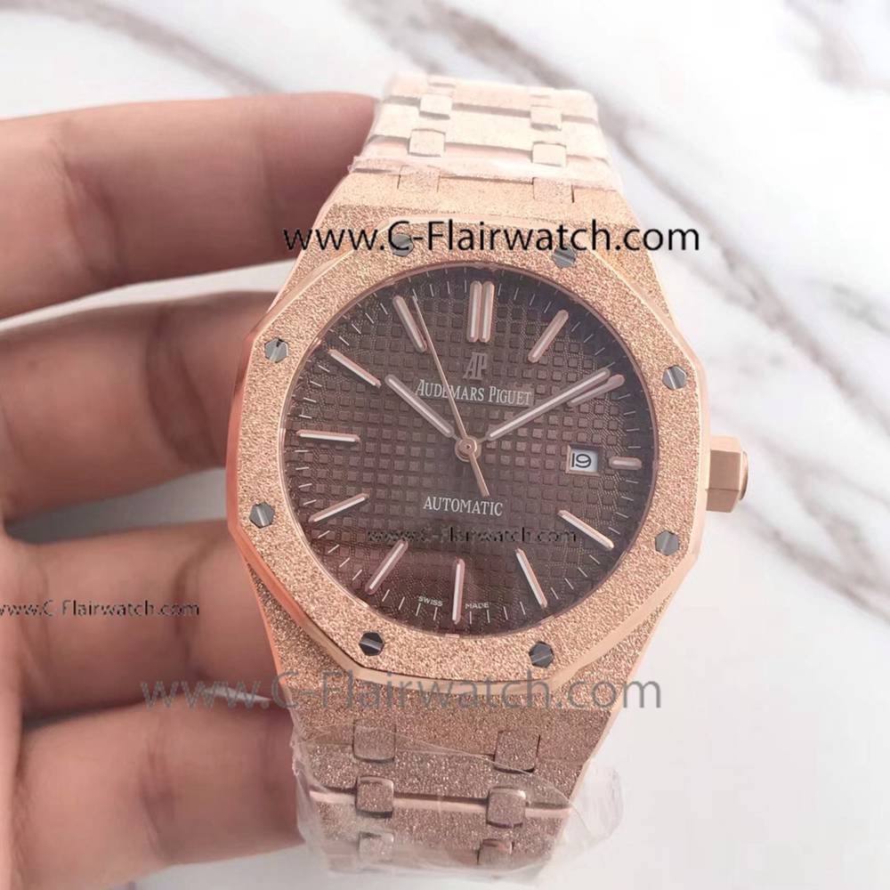Copy Audemars Piguet Frosted Rose Gold Brown Dial Watch For Sale